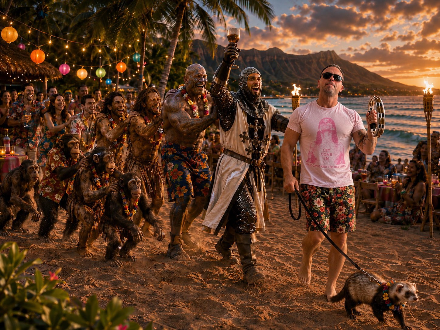 Pirate Jack leading a sunset beach luau procession, walking a ferret on a leash